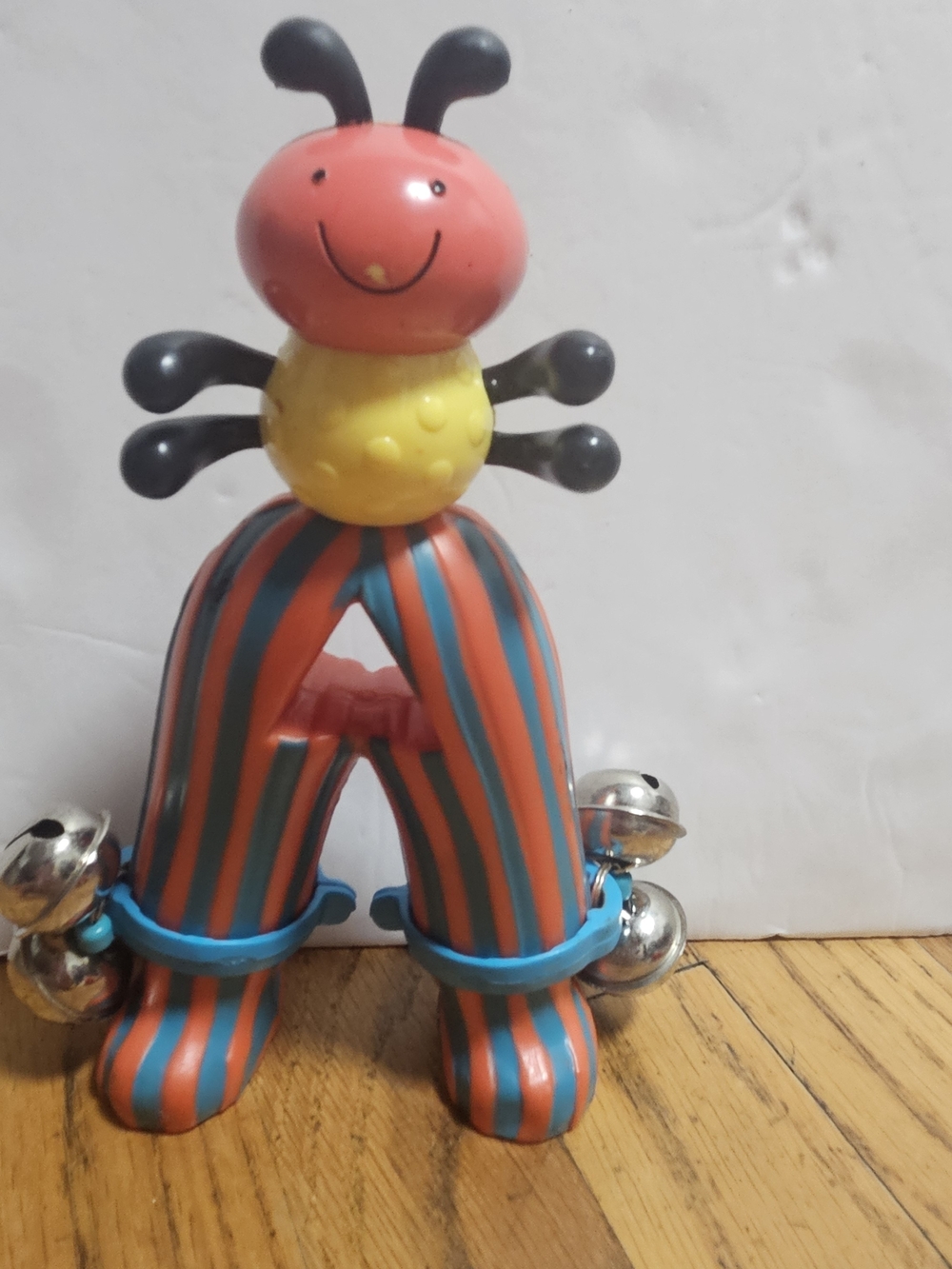 Vintage Striped Orange & Teal Bee Rattle with Jingle Bells - Kids Toy